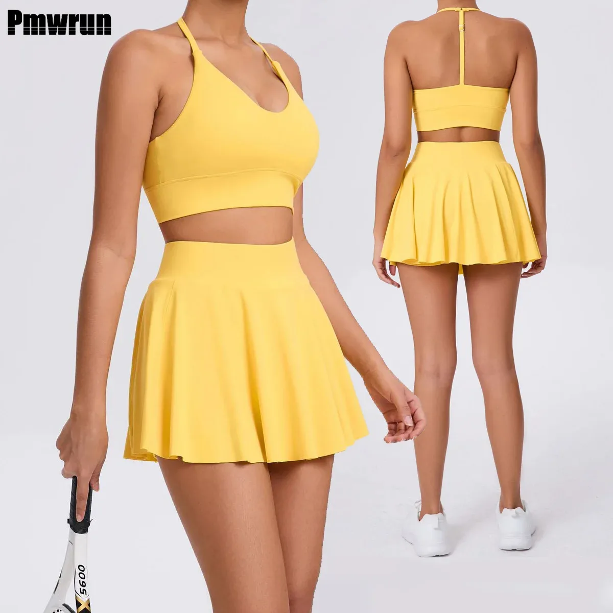

Yoga Set Women Casual Outdoor Bra Tennis Short Skirt Anti-light Running Pocket Fitness Suit Breathable Tank Top Tennis Suit Set
