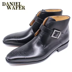 Fashion Men's Chelsea Boots Luxury Design Genuine Leather Shoes Black Blue Buckle Strap Dress Formal Business Ankle Boot for Men