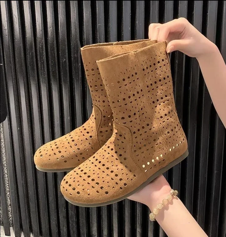 35-42 Botas caladas para mujer, zapatos transpirables de malla, zapatos planos de verano para mujer, Botas tobilleras con parche con cordones, calzado antideslizante de suela blanda 3