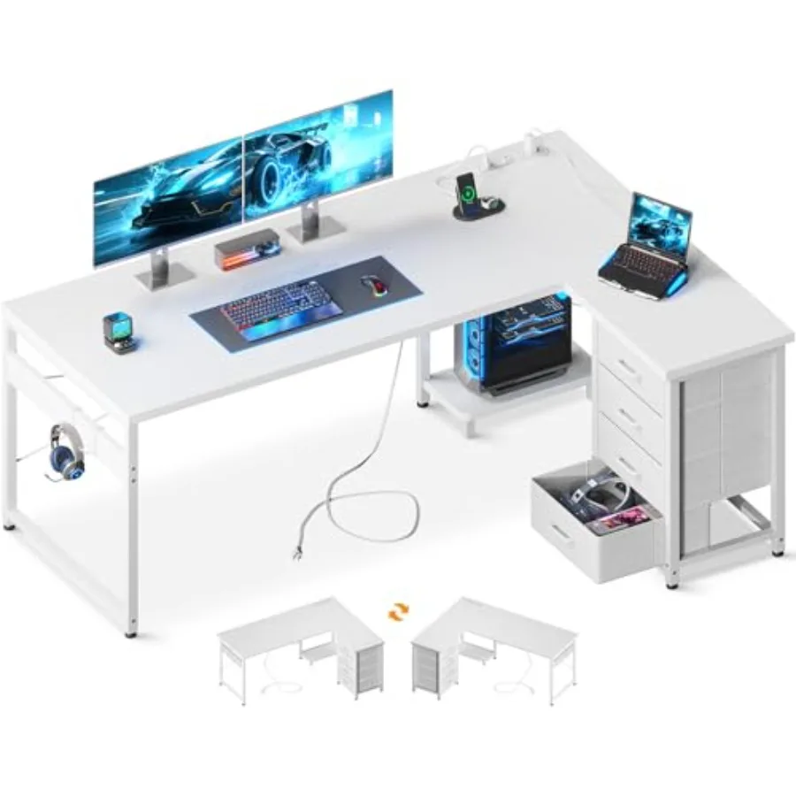 61 L Shaped Gaming Desk with 4 Drawers and Power Outlets for Home Office, Engineered Wood, Black, Spacious Surface and Built-in