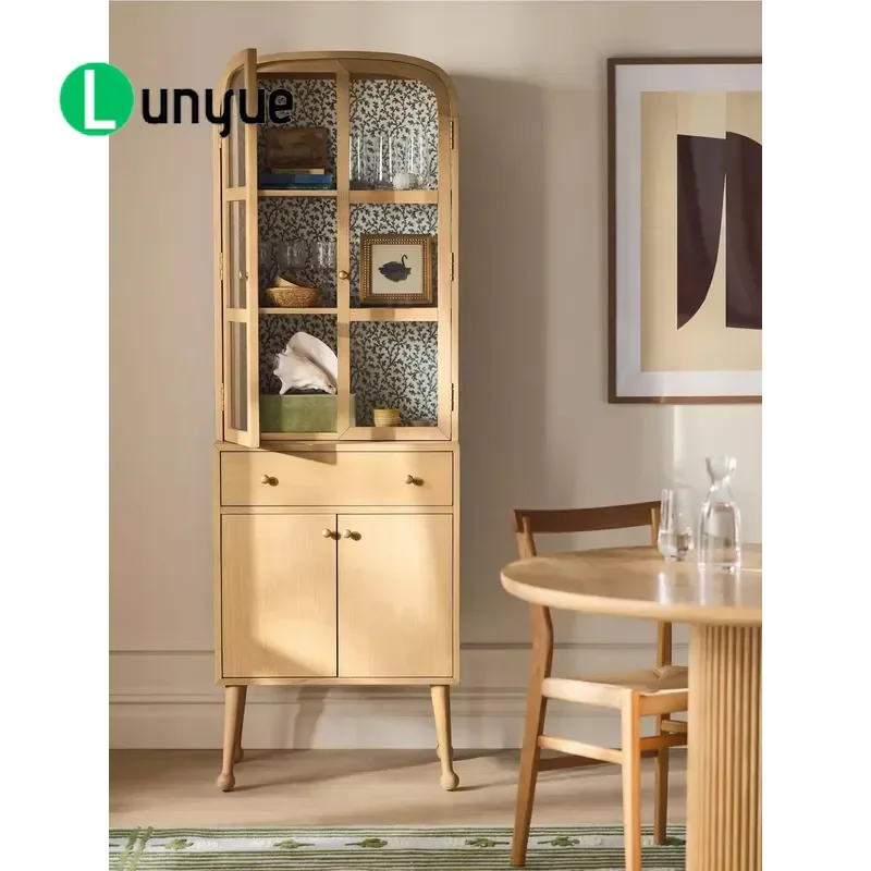 American Retro Arched Solid Wood Side Cabinet with Glass Door and Drawer Antique French Design for Small Apartment Living