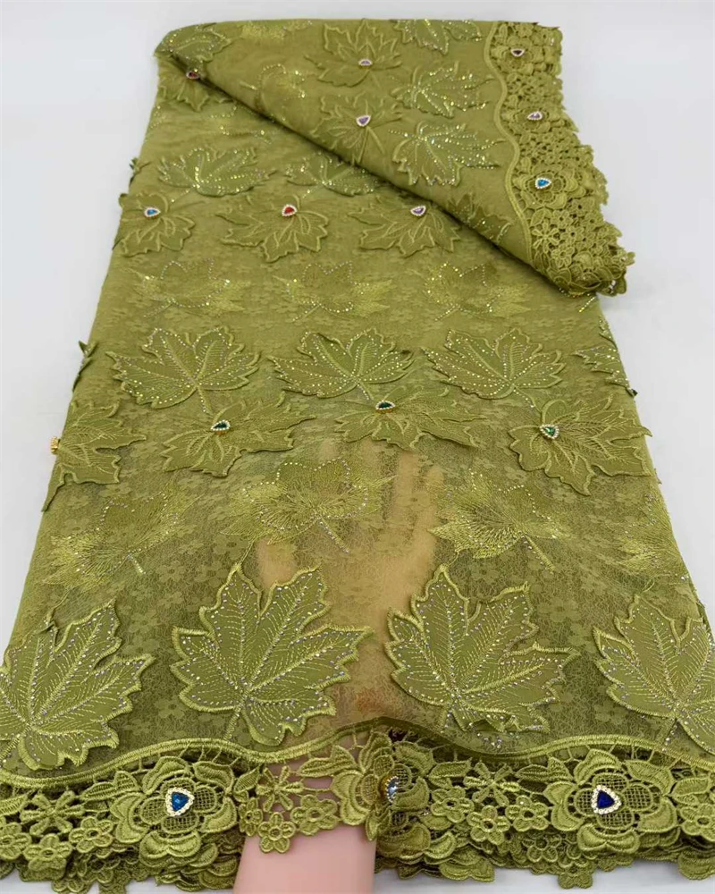 

African Nigerian High-Quality Lace Fabric Beaded Embroidery Tulle Stones Guipure Water-Soluble 5 Yards for Wedding Dresses