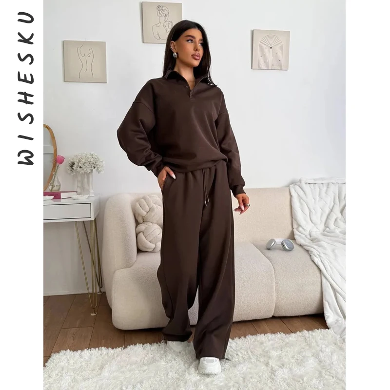 

Мешковатый комплект из двух предметов, женский свитшот с длинным рукавом и отложным воротником, пуловер, топ + повседневные брюки с высокой талией, осенняя одежда 2023 г.