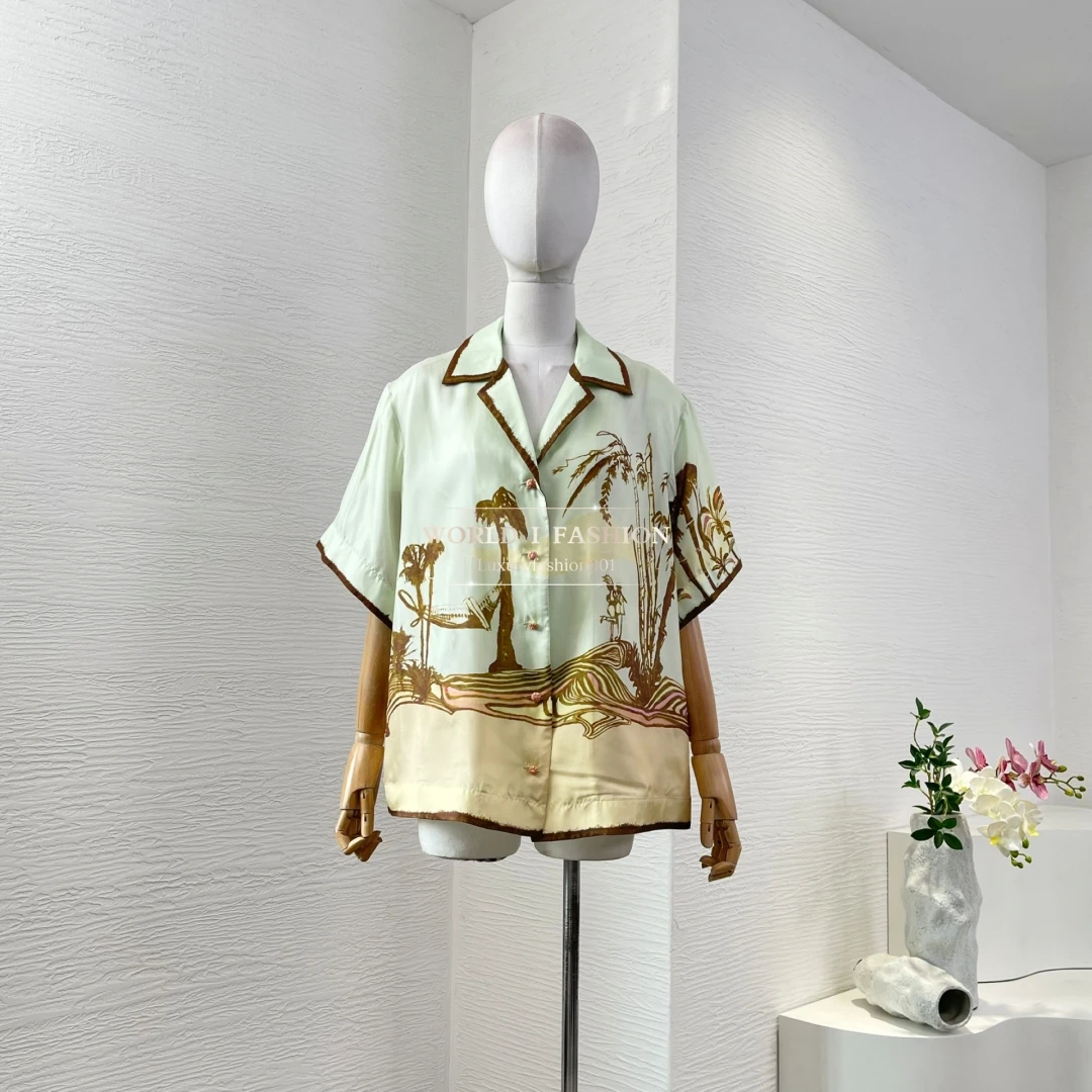 

Mint Green Short Sleeve Coconut Tree Flower Print Blouse Tops and Shorts Set 2025