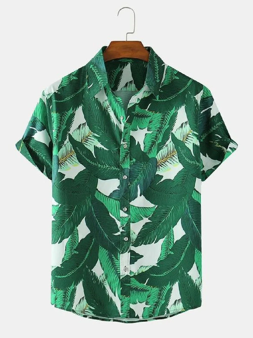 Camisa de manga corta de Estilo Hawaiano para hombre, camisa con patrón de estampado de plantas, solapa de manga corta, top informal de moda