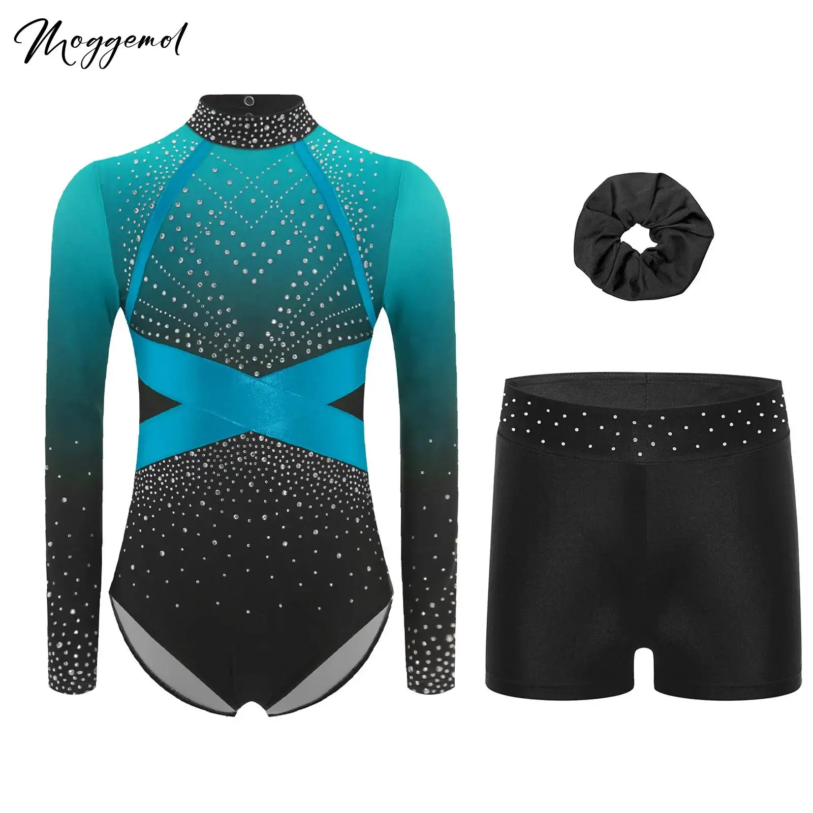 

Girls 3Pcs Gymnastics Ballet Dance Bodysuit Outfit Long Sleeve Shiny Rhinestone Figure Skating Leotard with Shorts And Hairband