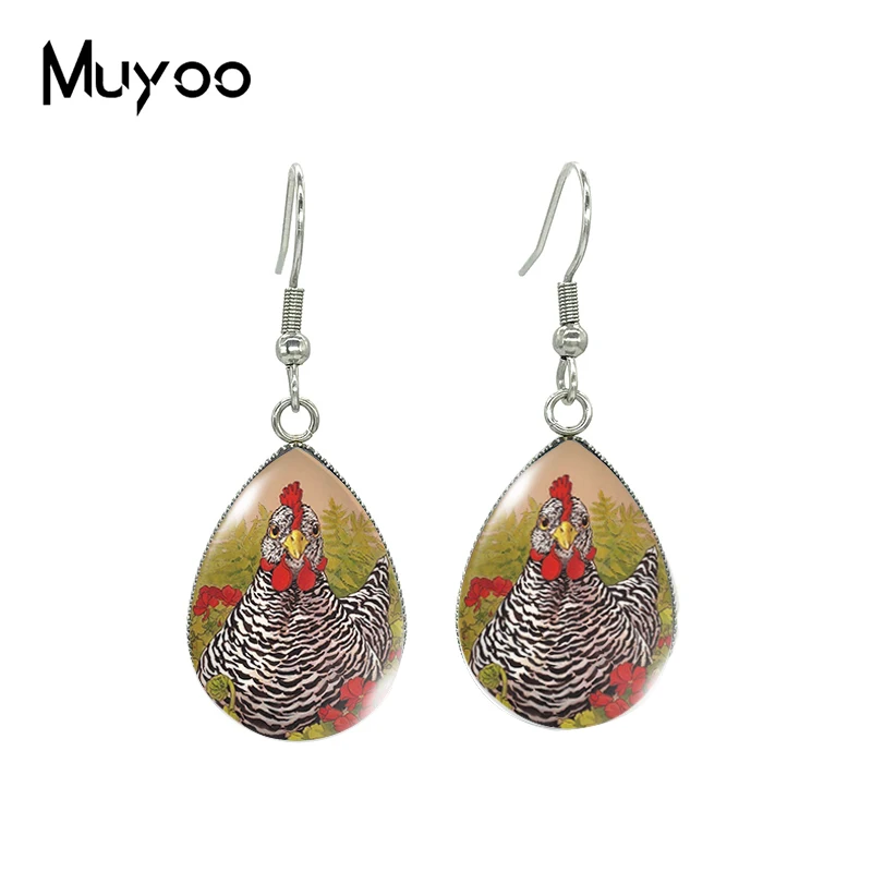 2023 New Rooster Tear drop Earring Flower Cock Fish hook Earrings Glass Dome Jewelry Handmade Items
