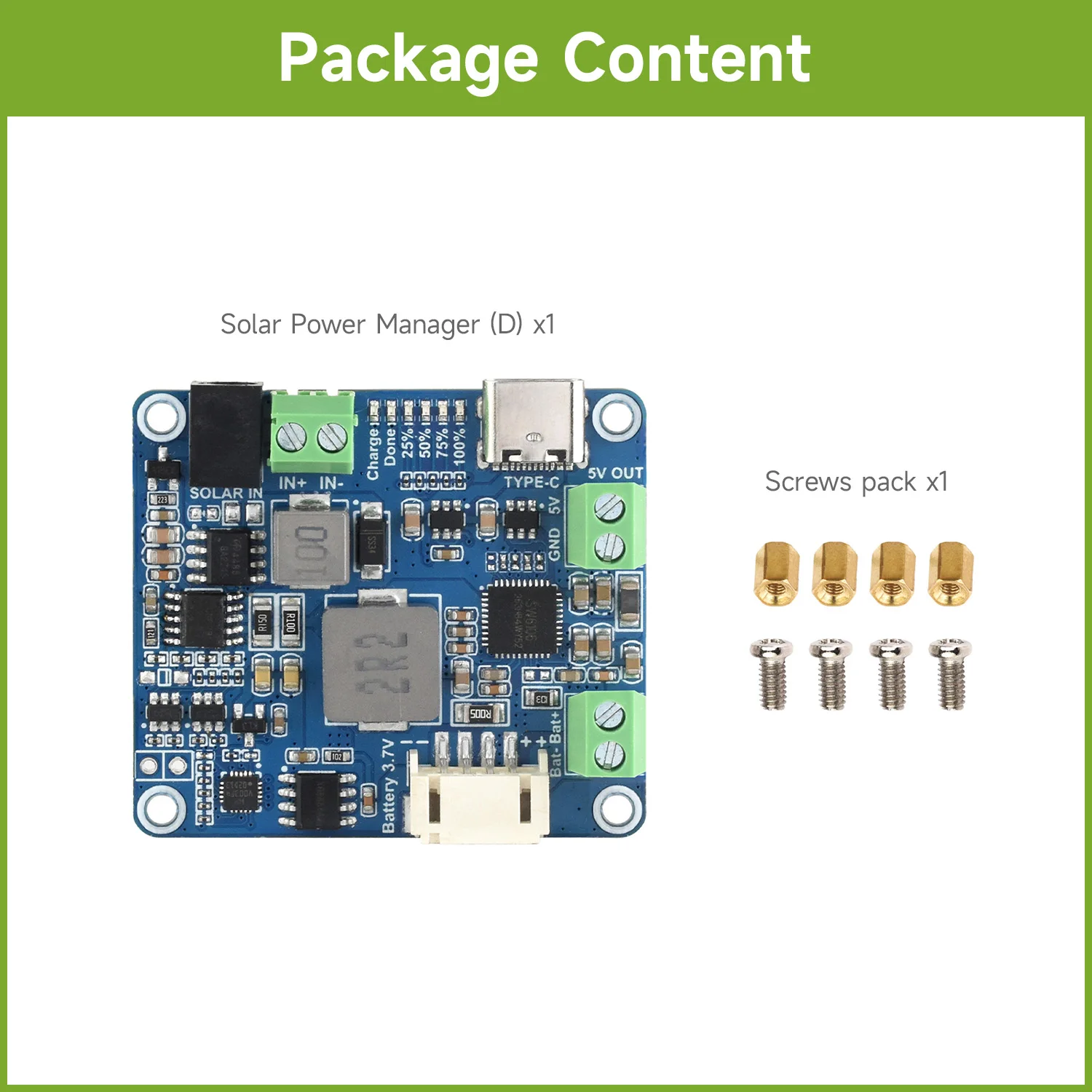 

Waveshare Solar Power Manager Module (D), Supports 6V~24V Solar Panel and Type-C Power Adapter, 5V/3A, for Raspberry Pi/Arduino