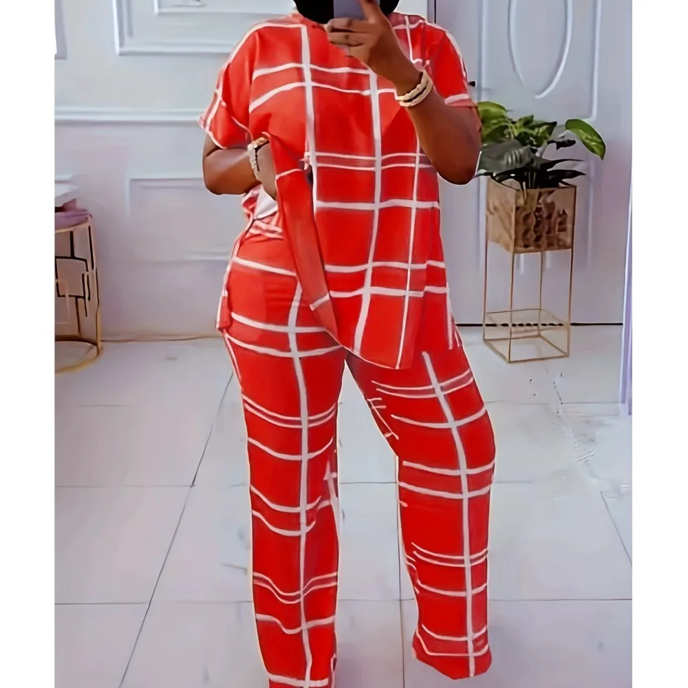 Spring Summer New Fashion Plaid Printed Short Sleeved V Neck Shirt Women Loose Simple Large Size Female Office Pants 2 Piece Set