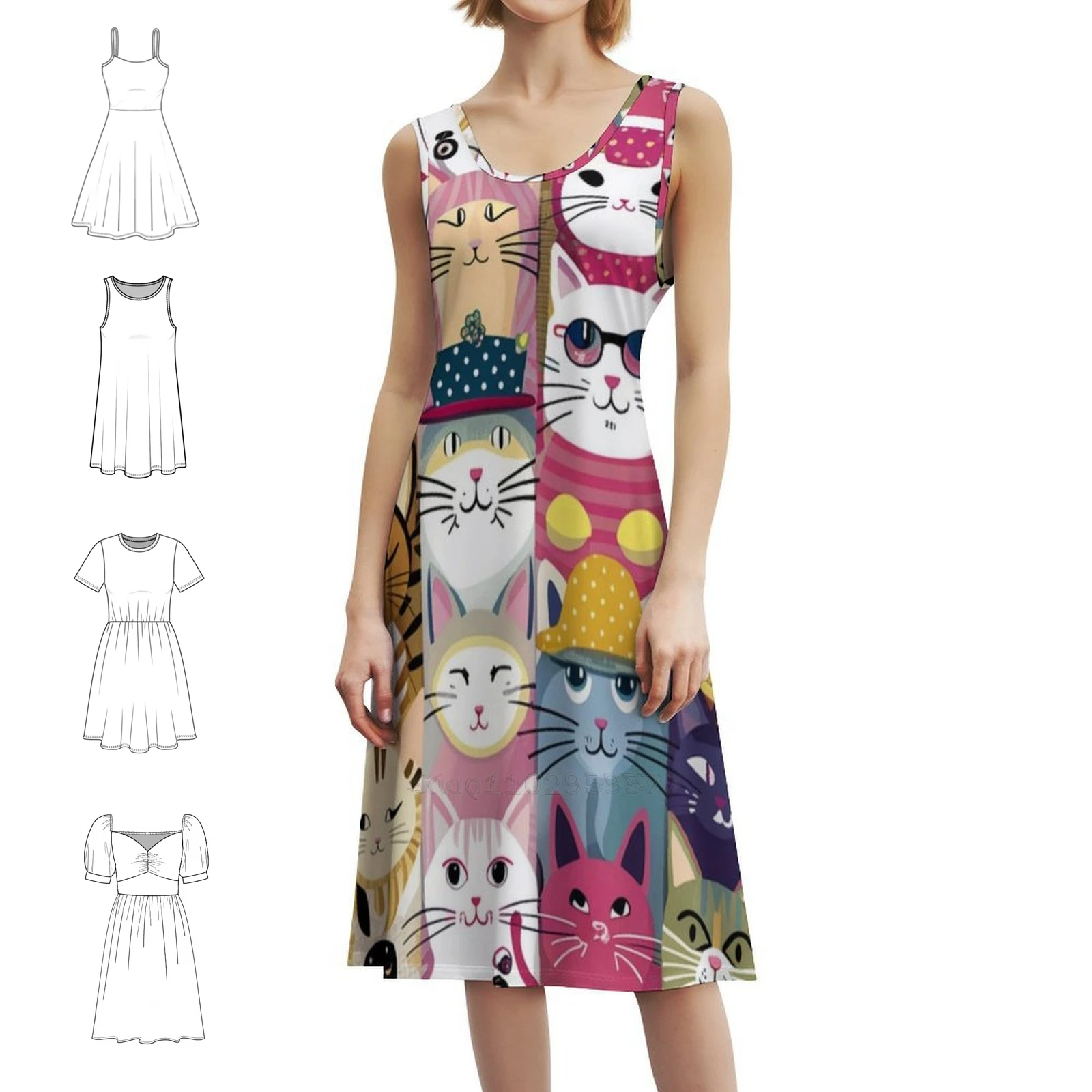 القط سلس نمط التوضيح البوهيمي بلا أكمام فستان متعدد طباعة عطلة الشاطئ فستان الحفلات القط التوضيح القط