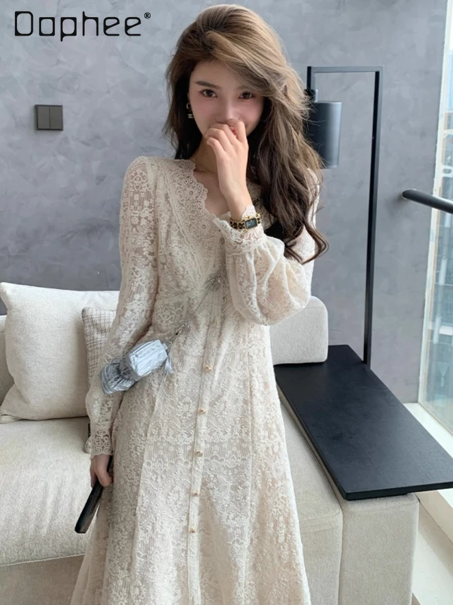 

French Sweet Temperament Dress for Women Elegant Lace Fairy Dresses Long Sleeve High Waist Slim Mid-length White Dress Female