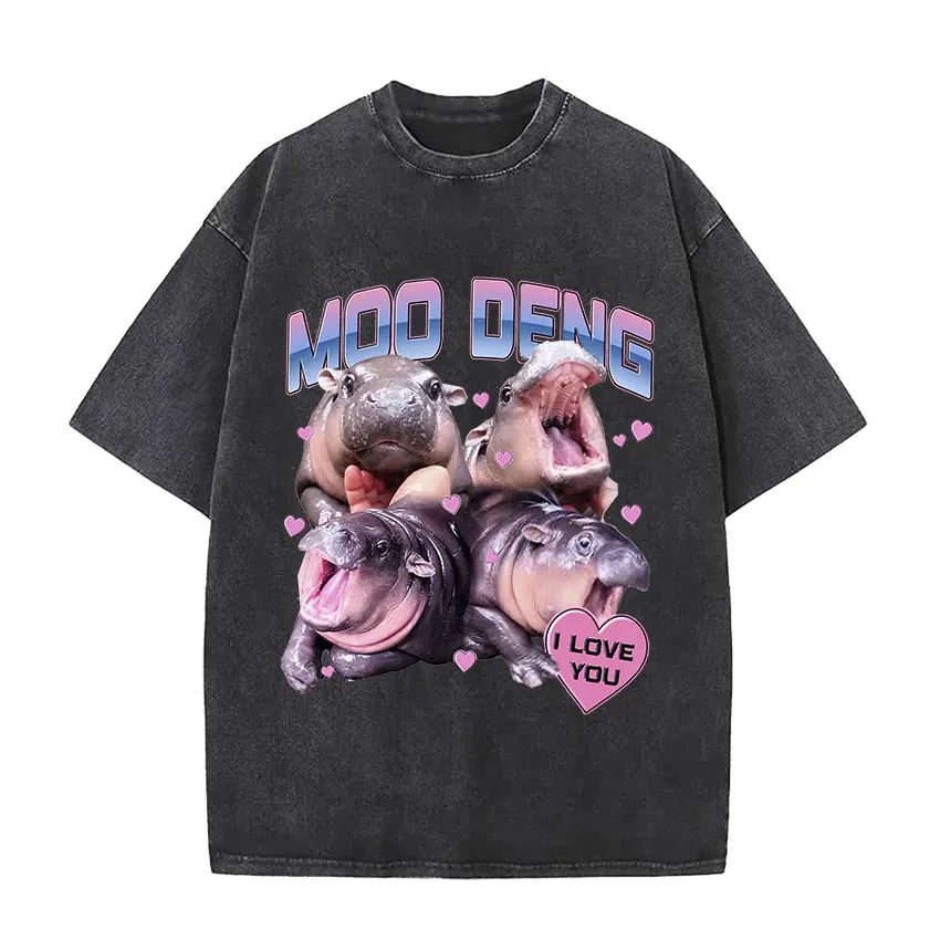 Moo Deng Hold on I\'m Overstimulated Funny Meme T Shirt Baby Hippo Vintage Washed Men Women T-shirts Y2k Gothic Clothing T-shirt