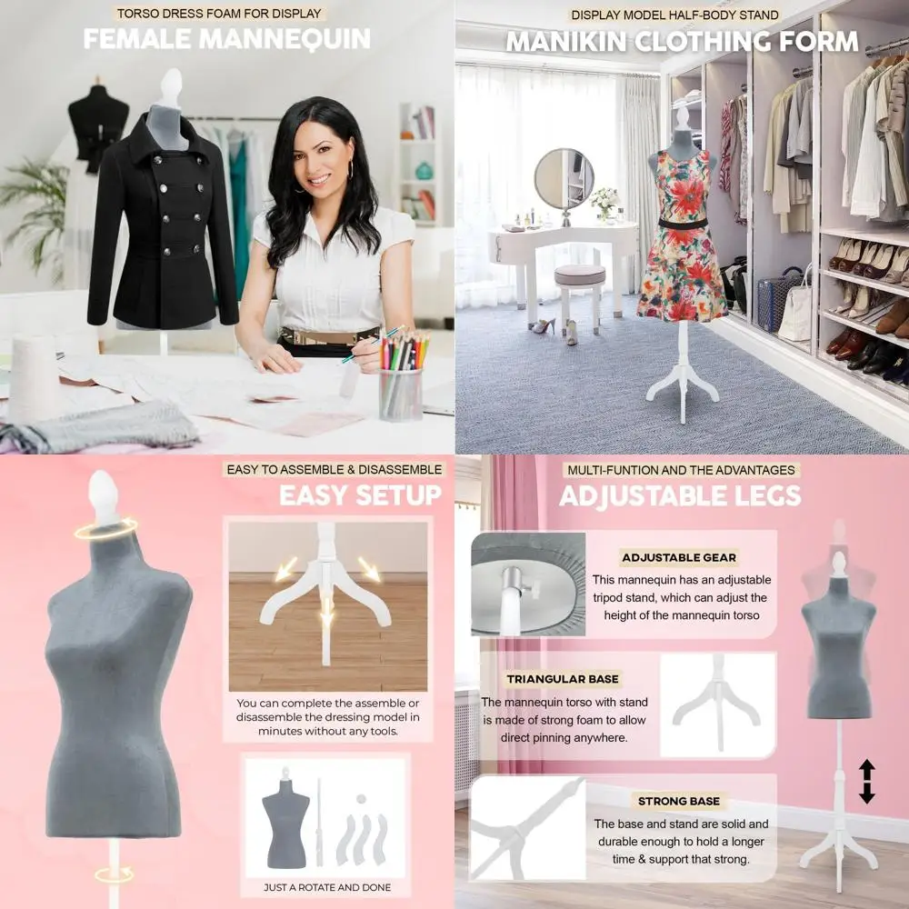 

Adjustable Height Dress Form Mannequin with Wooden Tripod Base for Women's Clothing, Grey Foam Body for Sewing
