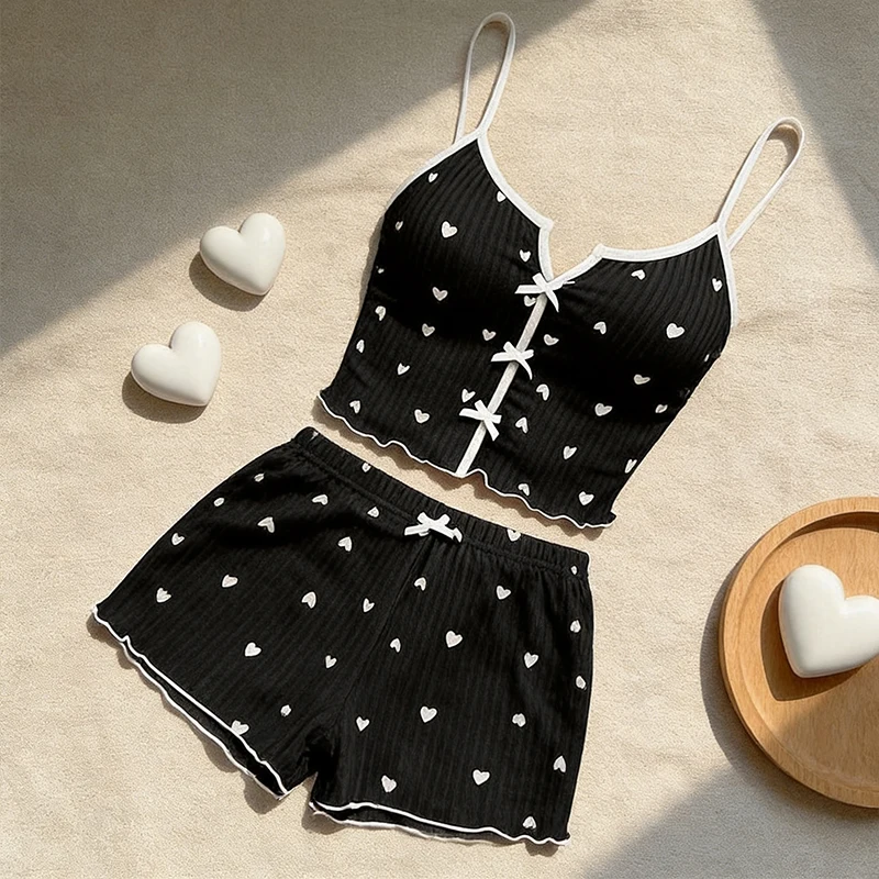 

2 Piece Heart Printed Loungewear Women's Breathable Moisture Transferring Pajamas Ladies Soft Fashion Suspenders Homewear Girl