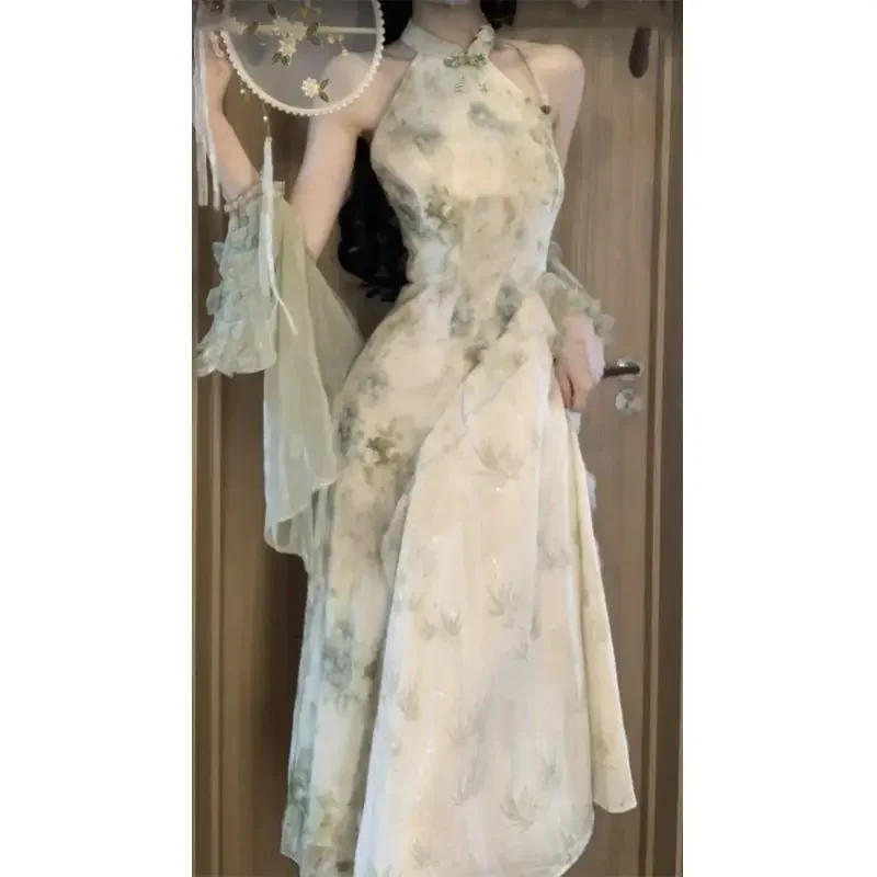 

Женское новое платье Cheongsam с элегантным цветочным принтом и пуговицами, улучшенное платье Ципао, летнее платье с открытыми плечами