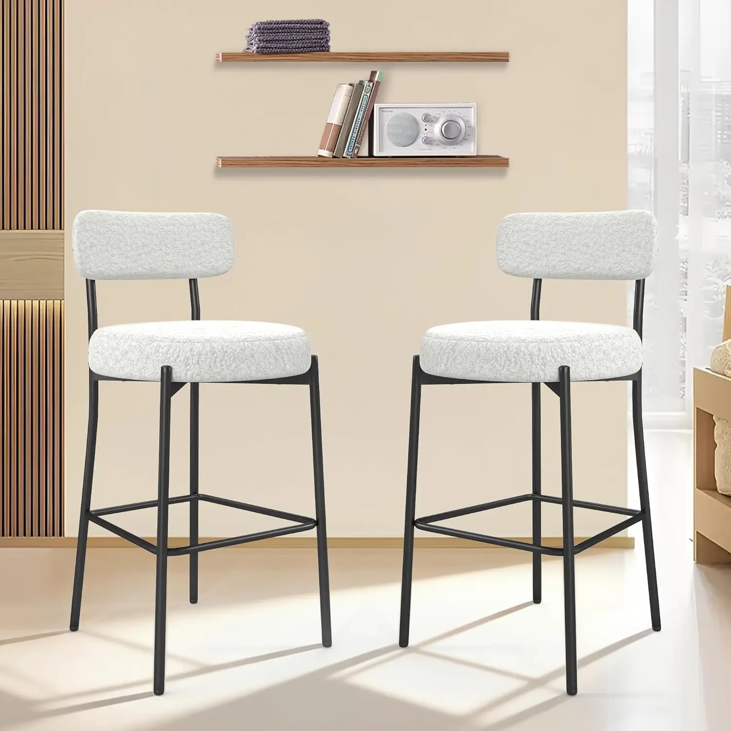 

Bar Stools Set of 2, 27" White Boucle Counter Height Barstools with Back and Metal Legs, Upholstered Modern, Customized