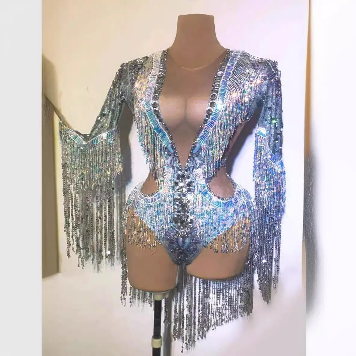 Zilveren pailletten kwastje diamant lange mouwen jumpsuit bar nachtclub vakantie feest zangeres toonaangevende dans podiumkleding