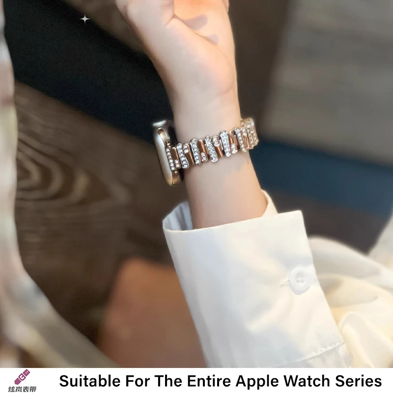 สายนาฬิกาสแตนเลสโลหะที่ไม่สม่ําเสมอพร้อมหัวเข็มขัดผีเสื้อเพชรฝังตัวสําหรับ Applewatch Steel Slim Strap สําหรับ iwatch