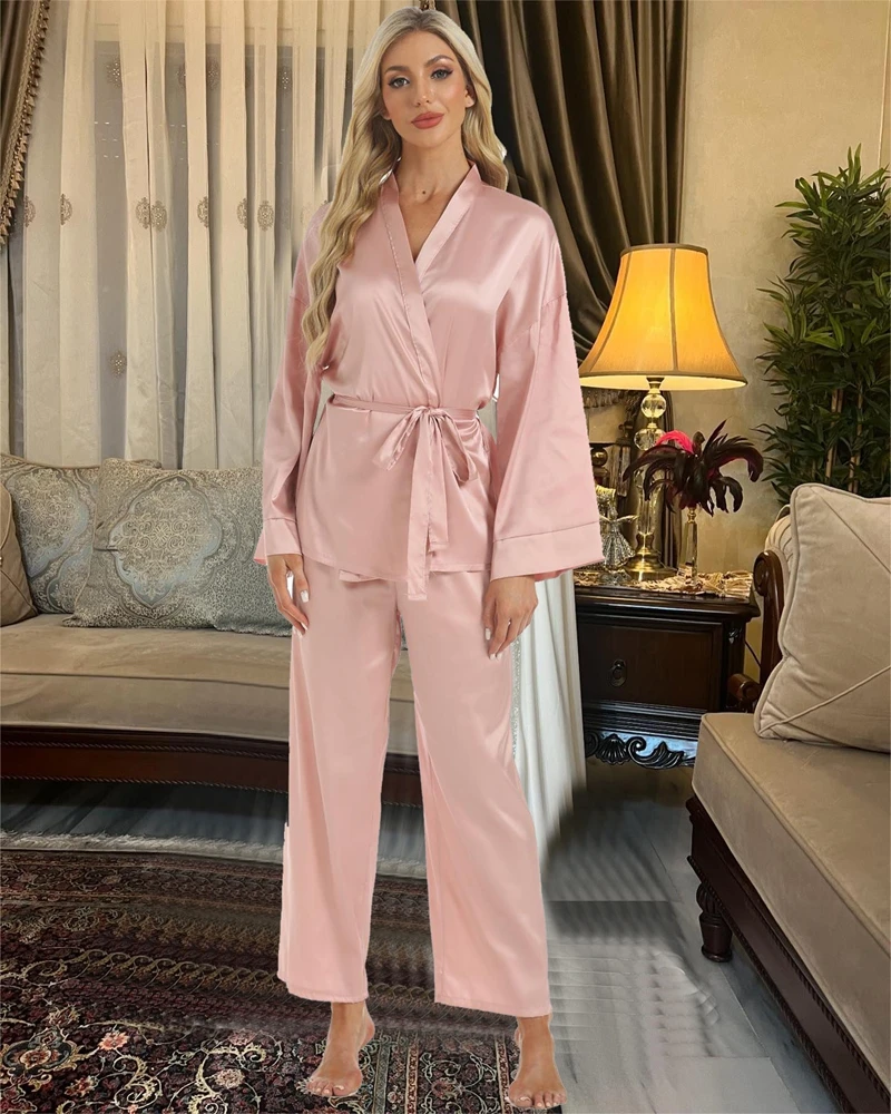 

Elegant Women's Home Suit Set Super-stylish Gorgeous Solid Color Satin V-Neck Long Sleeve Tunic And Long Pants For Daily Wearing