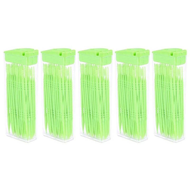 

5X 50 Pcs Plastic Toothpicks 2 Way Tooth Picks Interdental Brush Cleaners Portable Box Random Color