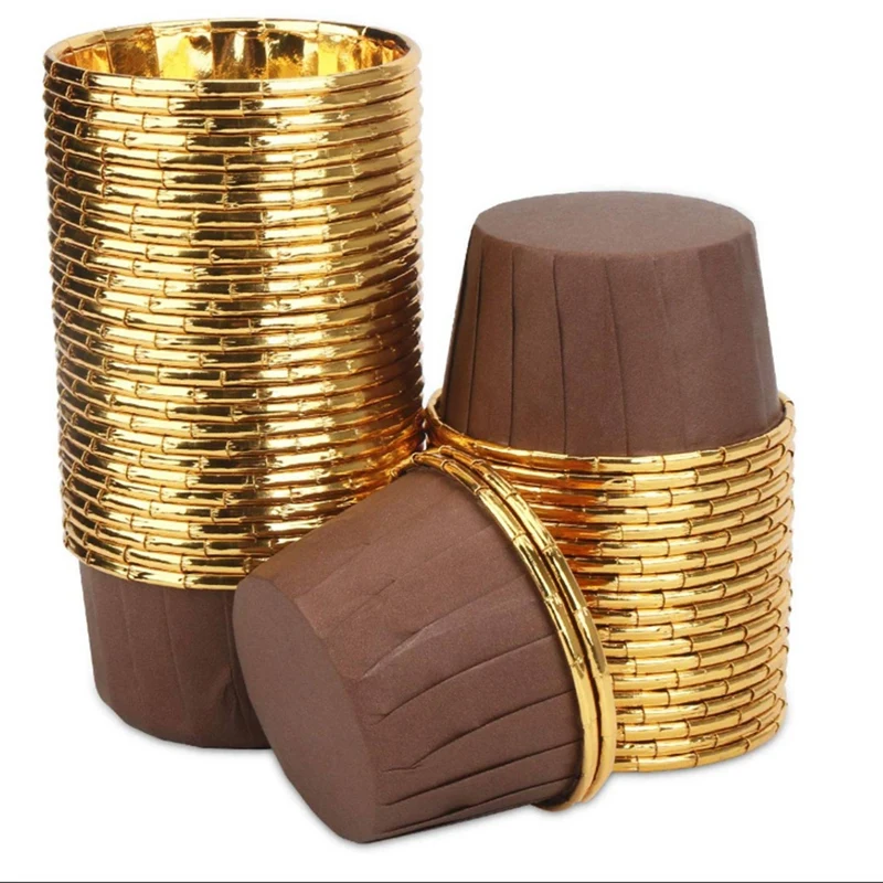 500Pcs Aluminum Foil Cupcake Cups Disposable Muffin Liners Baking Cups Aluminum Gold + Brown