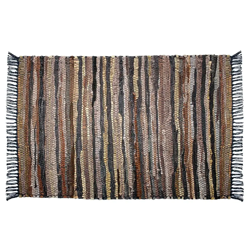 

Leather Chindi Area Rug - Boho Farmhouse Rustic Accent Rug - Neutral Handwoven Reversible Natural Organic Leather Throw Rug -