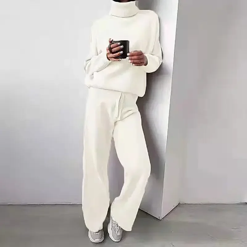 Women Two Piece Sets Pants Set Turtleneck Matching Sets Tops Sweaters Knitted Wide Leg Long Pants Set Splice Loose Autumn Winter