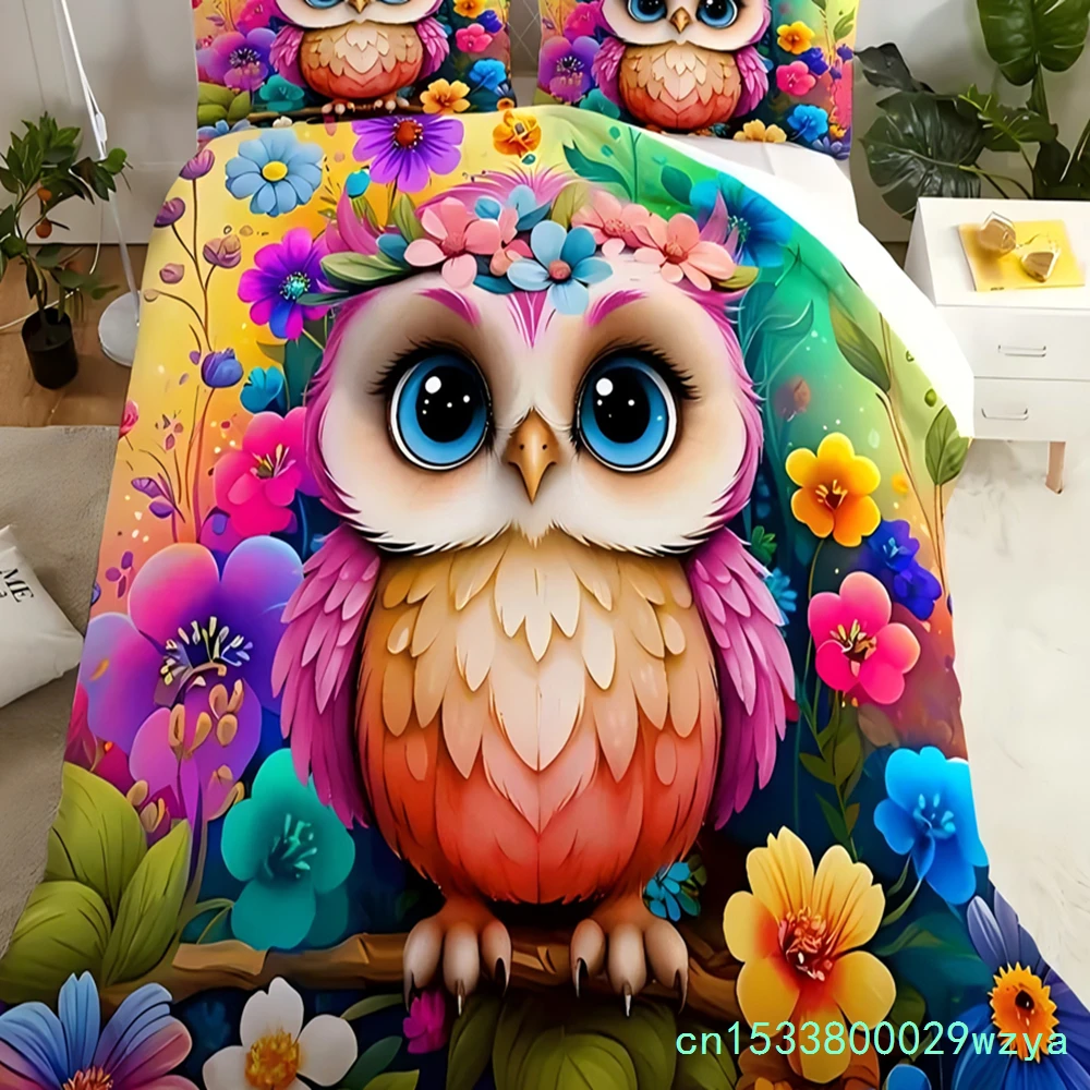 Owl Flower 3D Cartoon Print Bedding Cover Pillowcase Fantastic Colorful Style Comfortable Polyester Duvet Cover With Pillowcase