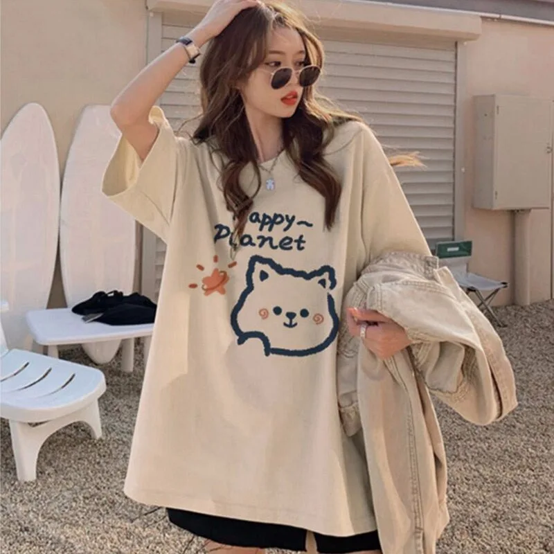 

Short Sleeve T-shirts Women Summer 2024 New Korean Style Loose Mid-length O-neck Letter Tees Student Casual Basic Tops Female