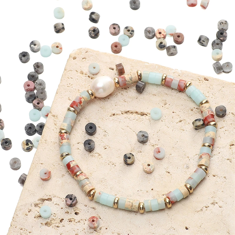 

20pcs Natural Flat Round Disc Beads Tube Stone Beads Spacer Beading for Jewelry Making DIY Bracelet Earrings Accessories