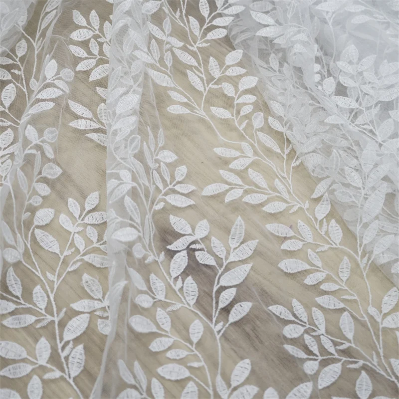 1 Yard Embroidery Long Leaf Branch Embroidery Tulle Lace Fabric Willow Leaf trimming Fabric for Wedding Apparel Bridal Dress