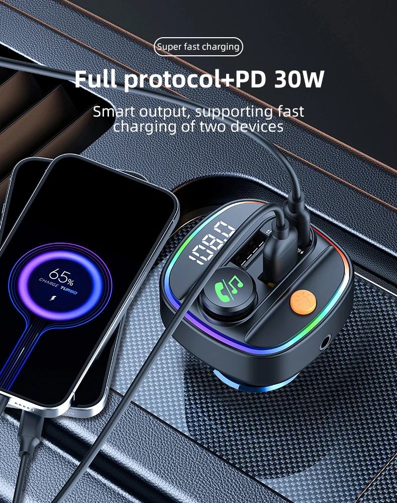 Bluetooth 5.4 FM-Transmitter, Freisprecheinrichtung, Auto-AUX-Radio-Modulator, MP3-Player mit 22,5 W und PD30 W Schnellladeadapter, Autozubehör – Detail 2