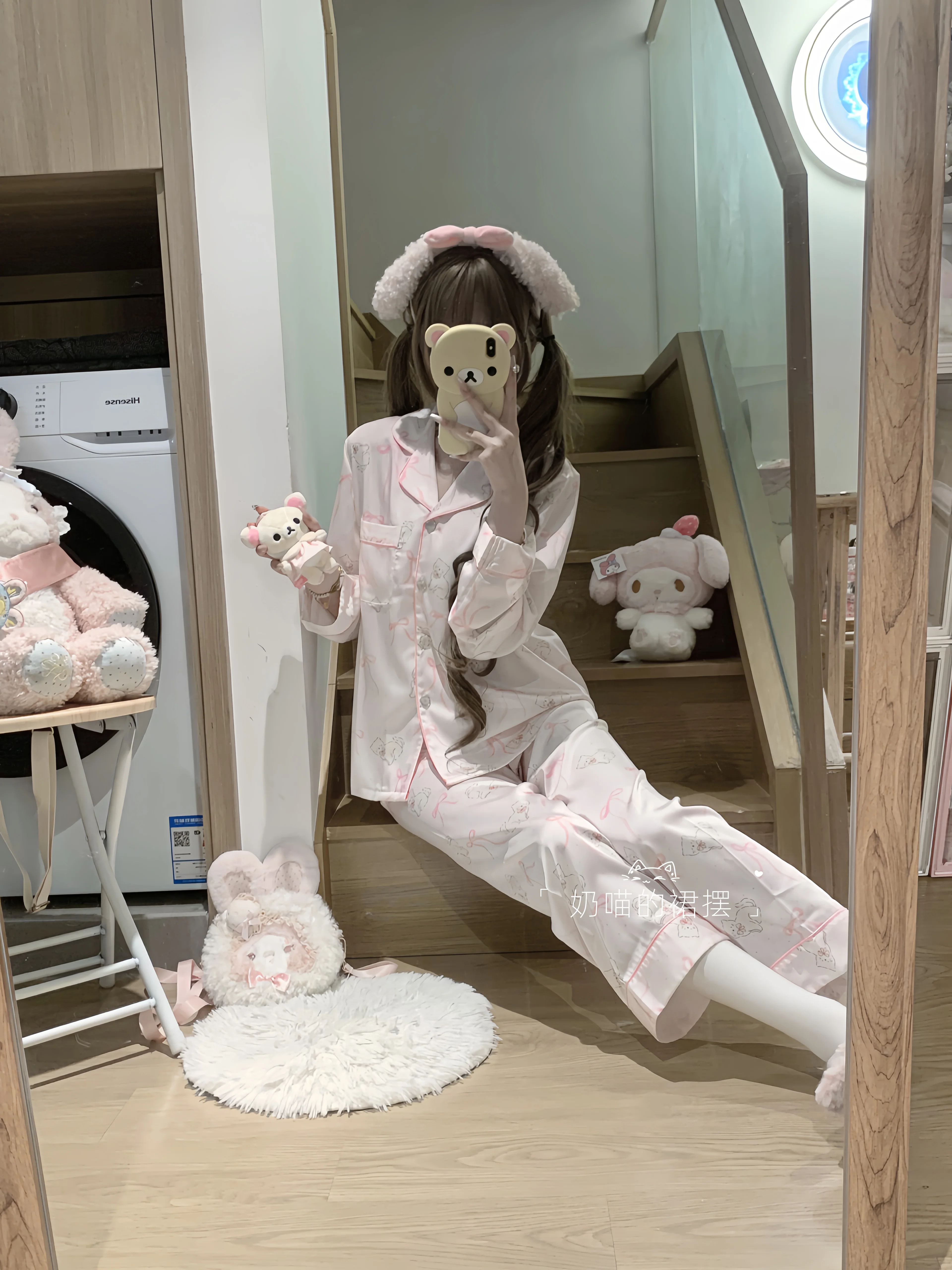2025 Japanese Summer New Satin Ice Silk Long-sleeved Pajamas Cartoon Print Sweet Cute Girl Doll Loungewear Set