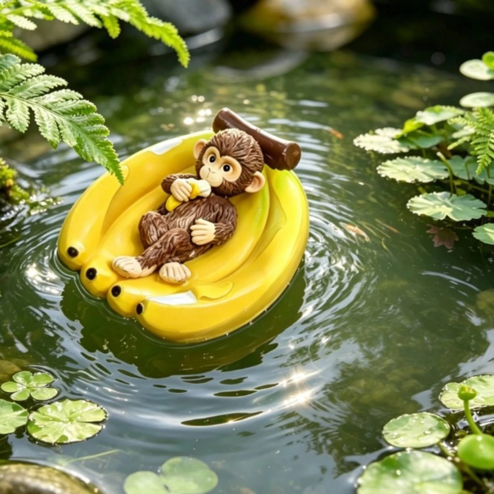 Monkey in Banana Boat Compact Monkey Sculpture Decor Decorative Cute for Pond, Aquarium