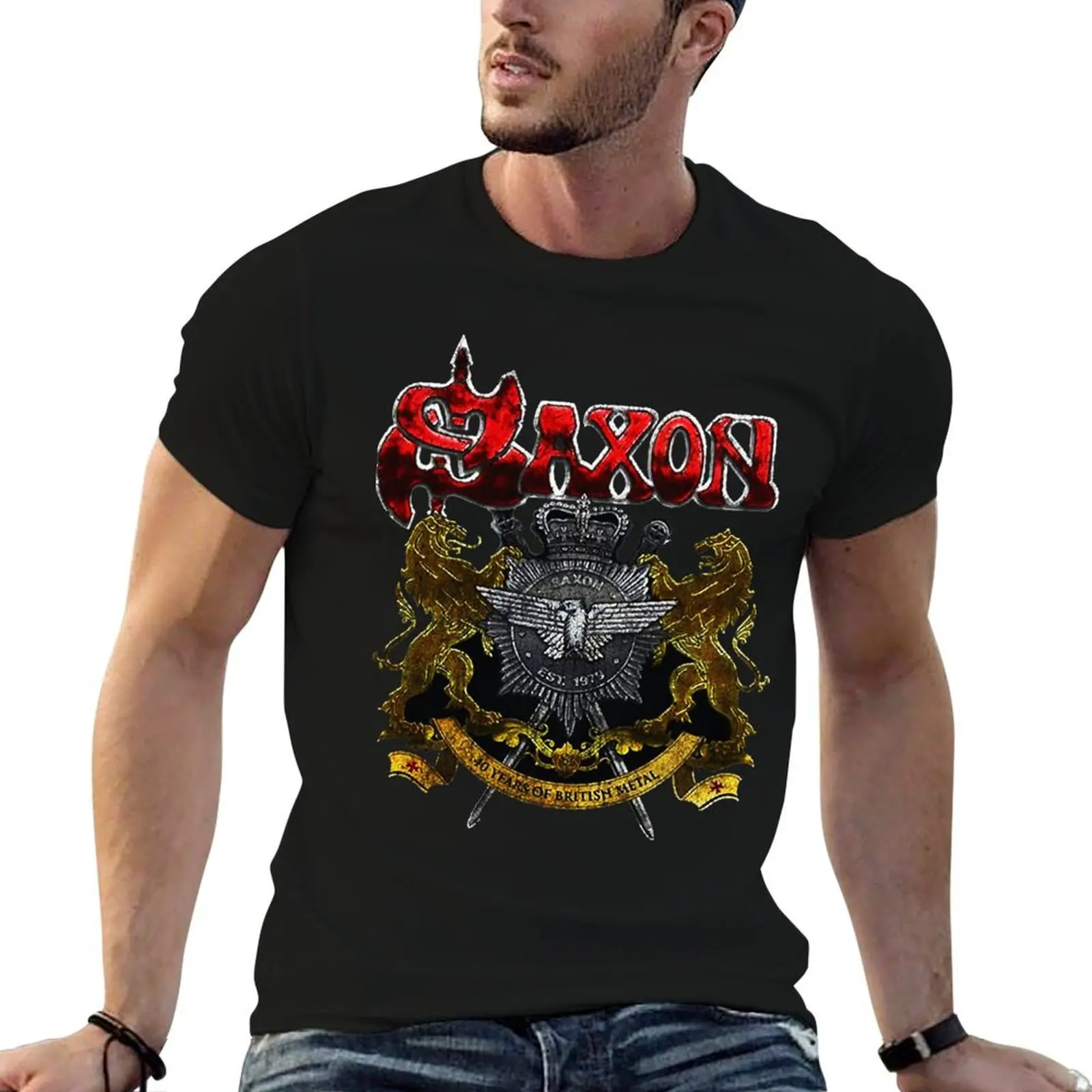Camiseta con logo de la banda Saxon, música heavy metal 2 Ecelna, camiseta para hombre, camiseta de algodón pesado para hombre, camiseta 100% de algodón, camiseta de algodón para hombre