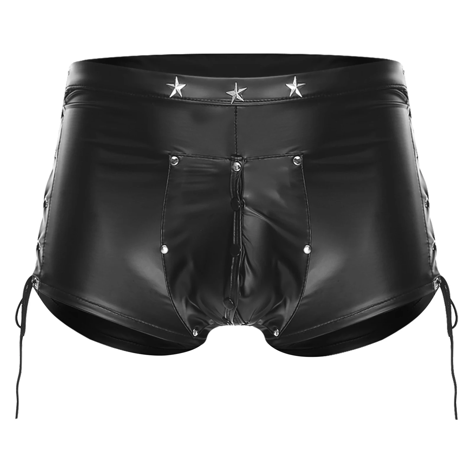 Homens sexy falso couro booty shorts gótico punk lado rendas oco para fora calças curtas quentes boate pólo dança mini shorts bottoms