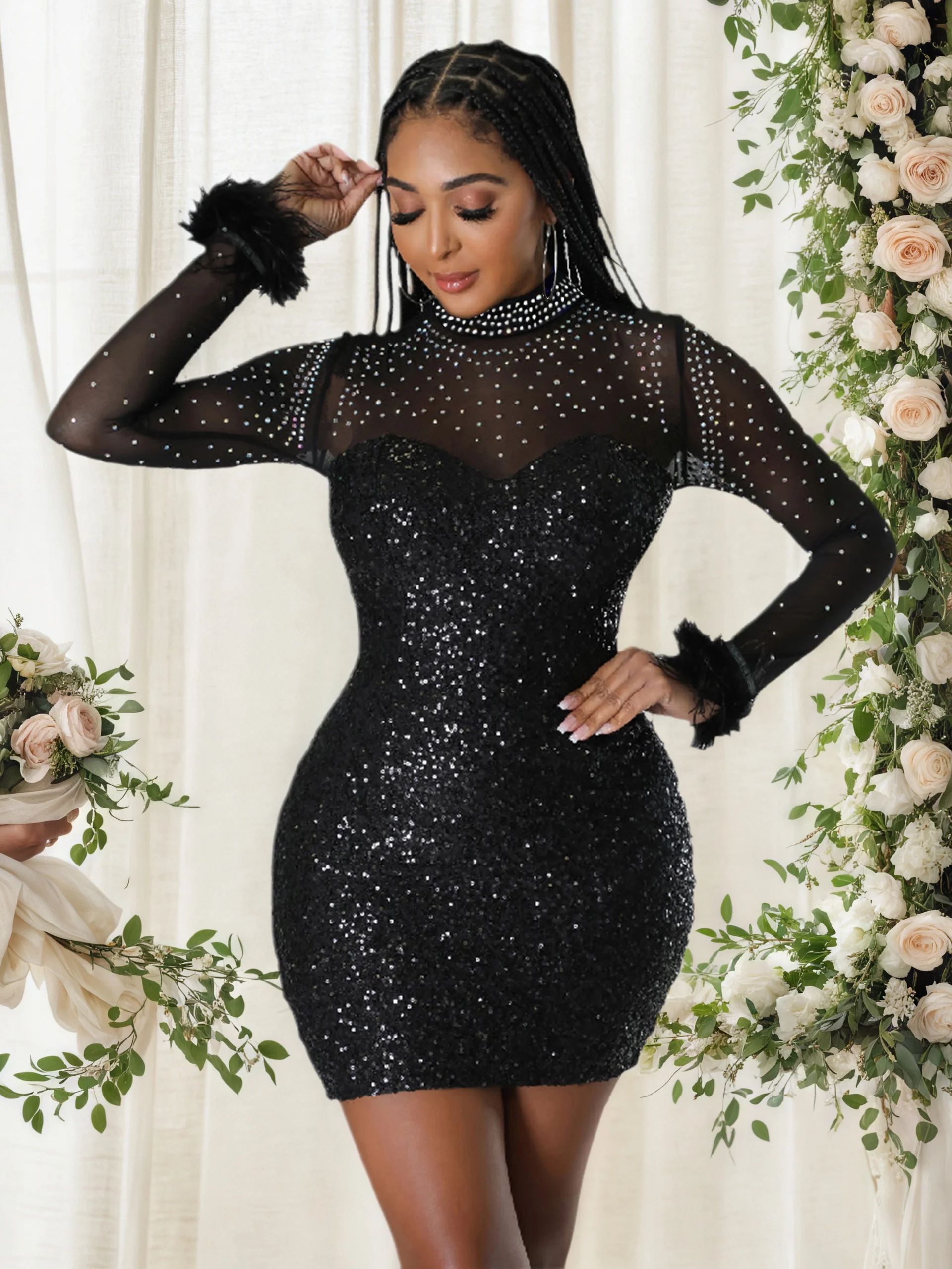 

Women's Sexy Round Neck Feather Long Sleeved Dress Party Mesh Sequin Diamond Fashion Elegant Cocktail Club Short Skirt New 2024