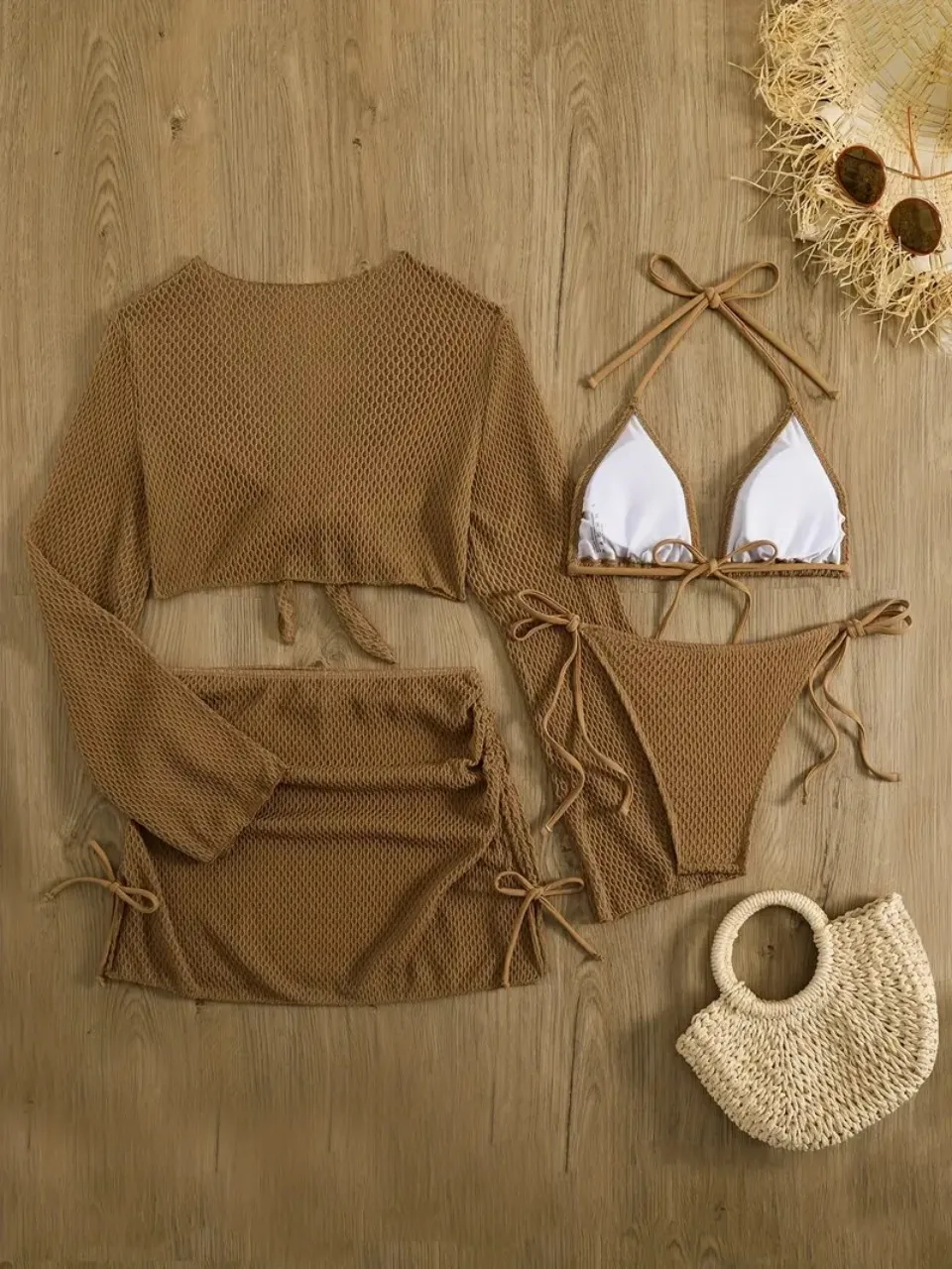 4-teiliges Neckholder-Bikini-Set 2026 Mesh Cover Up Bademode Damen Langarm Solid Badeanzug Damen Badeanzug Bademode