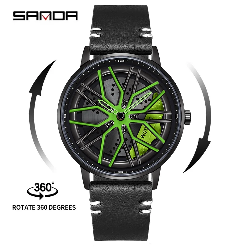 SANDA P1107 Luxury Fashion Car Wheel Watches leather Waterproof Watch for Men Sport Casual Quartz Wristwatch Relogio Masculino