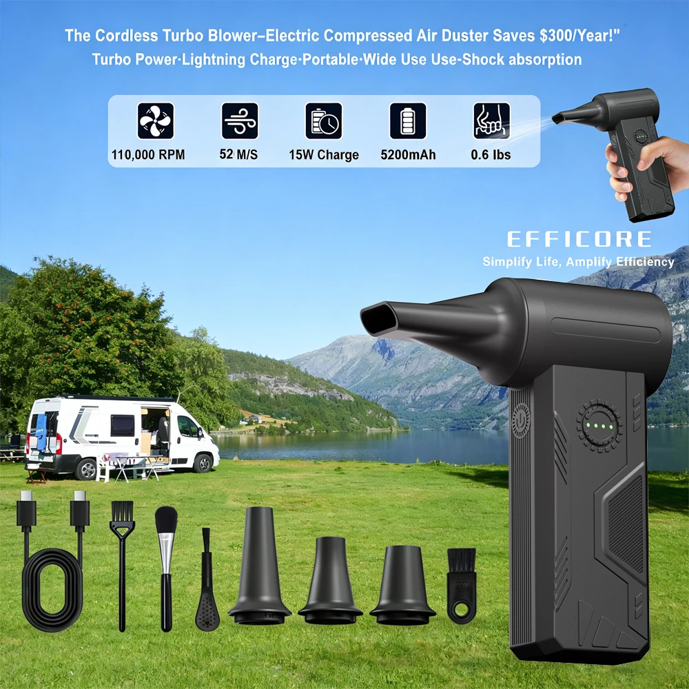 

52 m Powerful Turbo Fan Brushless Jet Vacuum Cleaner Blower with 3 nozzles for Computer/Keyboard/Car Cleaning 5200mAH Air Duster