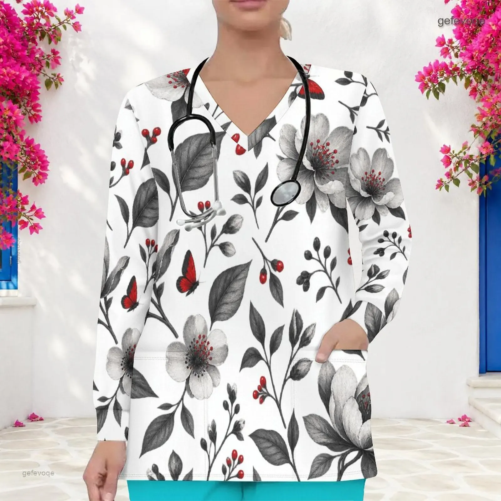 Women Printed V Neck Long Sleeve Scrub Top, Grey Floral Red Butterfly Red Berry Pattern with Front Pockets