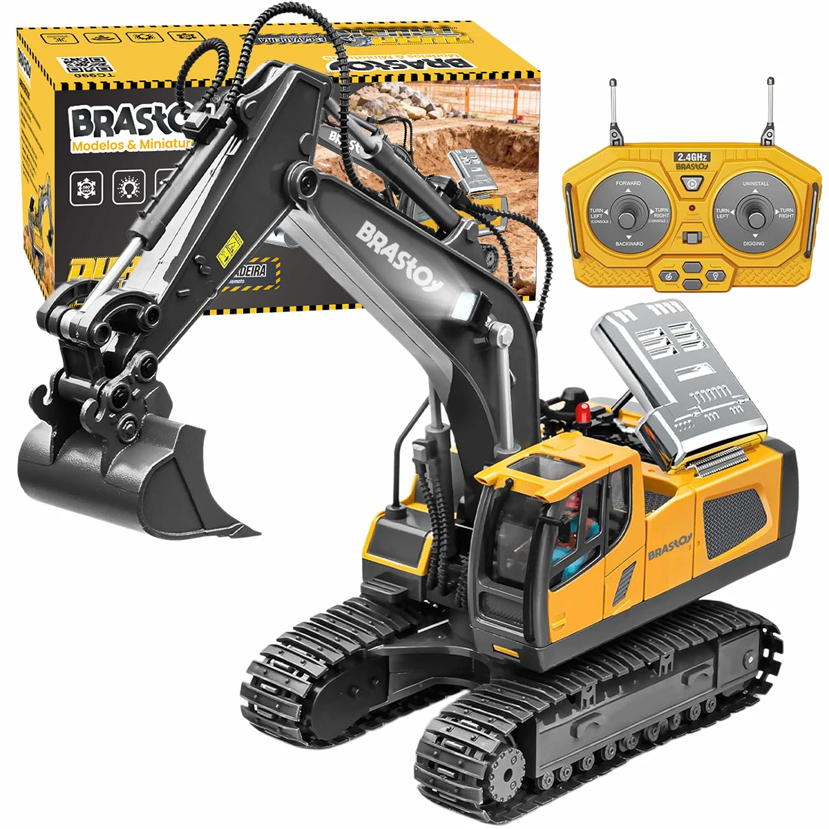 BRASTOY Retroescavadeira Elétrica Escavadeira 9 Funções Controle Remoto Premium Cor Amarelo