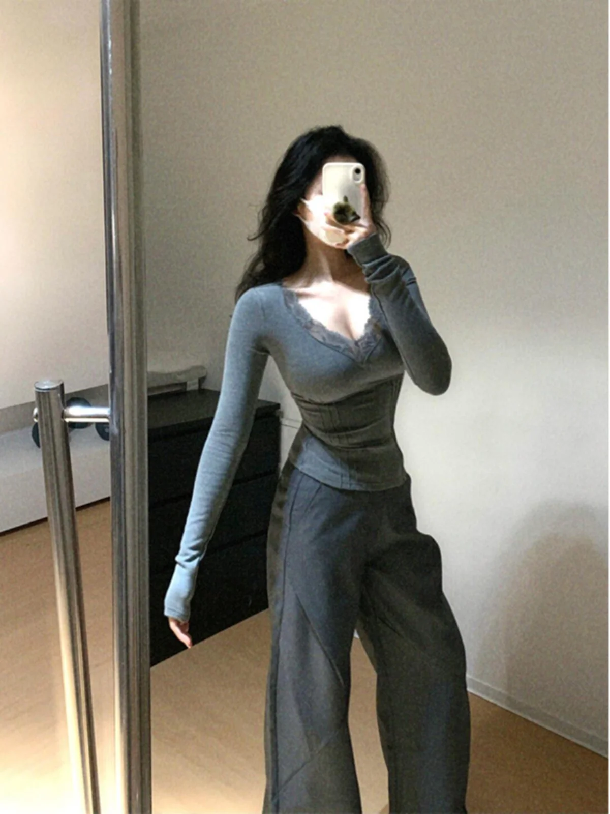 Warm Fce V-Ne Long Sve T-shirt Dames Slim Fit Pluizig Kant Splitsen Basis irt Pure Desire Design Sense Herfst Winter