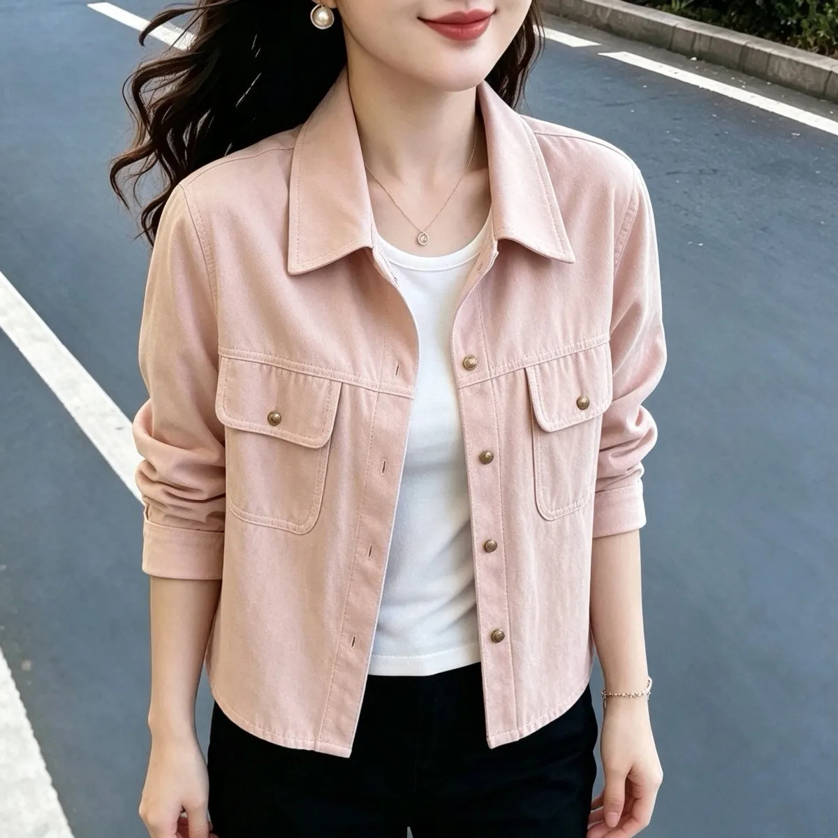Loose Fit Short Coat Jacket Women's Spring Autumn New Style Double Pocket Workwear Style Thin Top Casual Versatile Outerwear