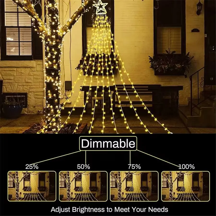 8 Modes LED Stars Waterfall Fairy String Lights Outdoor Waterproof Christmas Garland Lights for Villa Garden Wedding Party Decor