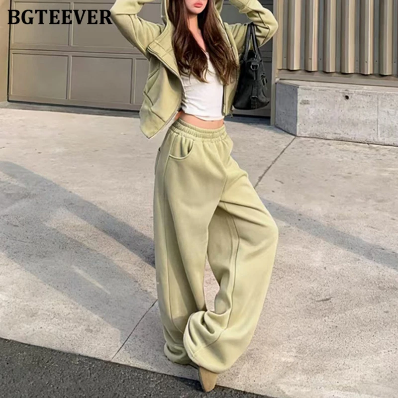 BGTEEVER Chic Casual Loose Women Tracksuits Long Sleeve Zipper Up Hooded Sweatshirts & Wide Leg Pants Ladies 2 Pieces Set