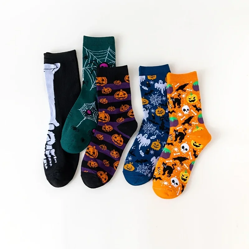 5Pairs Halloween Novelty Socks Men Women Funny Pumpkin Ghost Skeleton Spider Cat Print Mid‑Calf Socks Holiday Party Cosplay Sock view 5