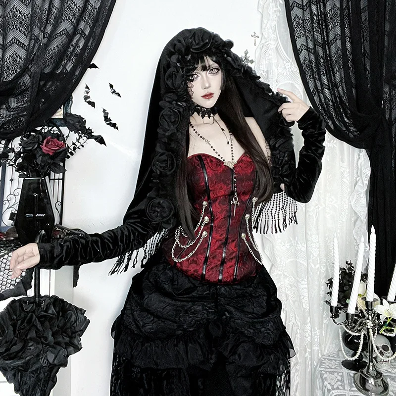Loween Cosplay bata de terciopelo Top 2025 nuevo Vintage k Sle punzón de hombro Faionable para mujer serie gótica Slim Fit encaje...