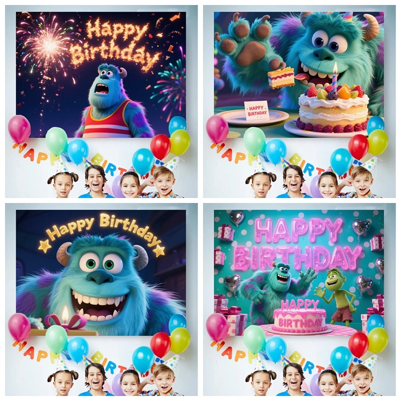 

Monsters Inc Sulley Mike Birthday Backdrop Custom Party Decor Monster World Adventure Kids Photography Boo Studio props Theme