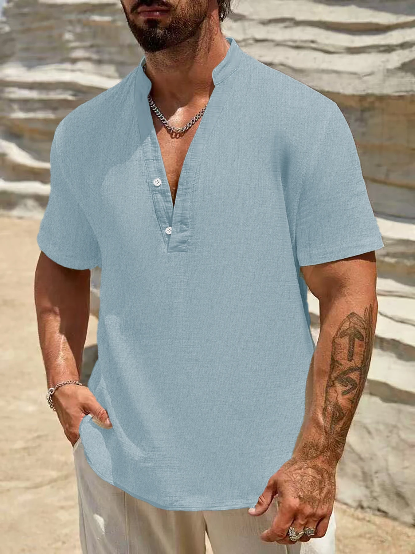 Men's standing collar Henry shirt Retro cotton and linen casual shirt Breathable short sleeved top Hot sale Men's wear